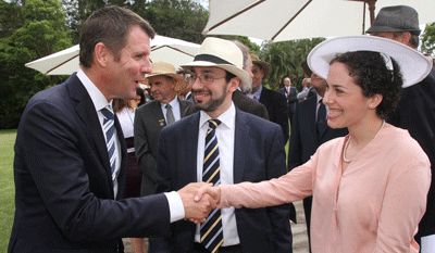 Hinda Elton meets NSW Premier Mike Baird as Rabbi Ben Elton looks on Photo: Ben Apfelbaum/J-Wire