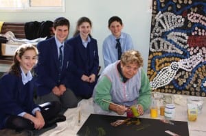 Photos with Barbara Weir Working (6) Barbara Weir shows Moriah students the finer points of Aboriginal art
