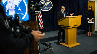 Deputy National Security Advisor Ben Rhodes addresses journalists on the coming year's foreign policy priorities of the Obama administration at the Foreign Press Center in Washington, DC, on January 29, 2014. More recently, Rhodes introduced @TheIranDeal Twitter handle, which the White House says will “set the record straight” on the nuclear agreement between world powers and the Islamic Republic. Credit: U.S. State Department.