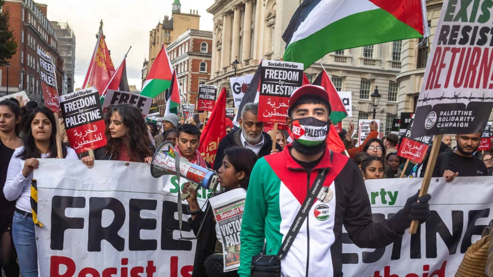 Anti-Israel and pro-Palestinian demonstrators march through central London in support of the Hamas terrorist group, Oct. 14, 2023