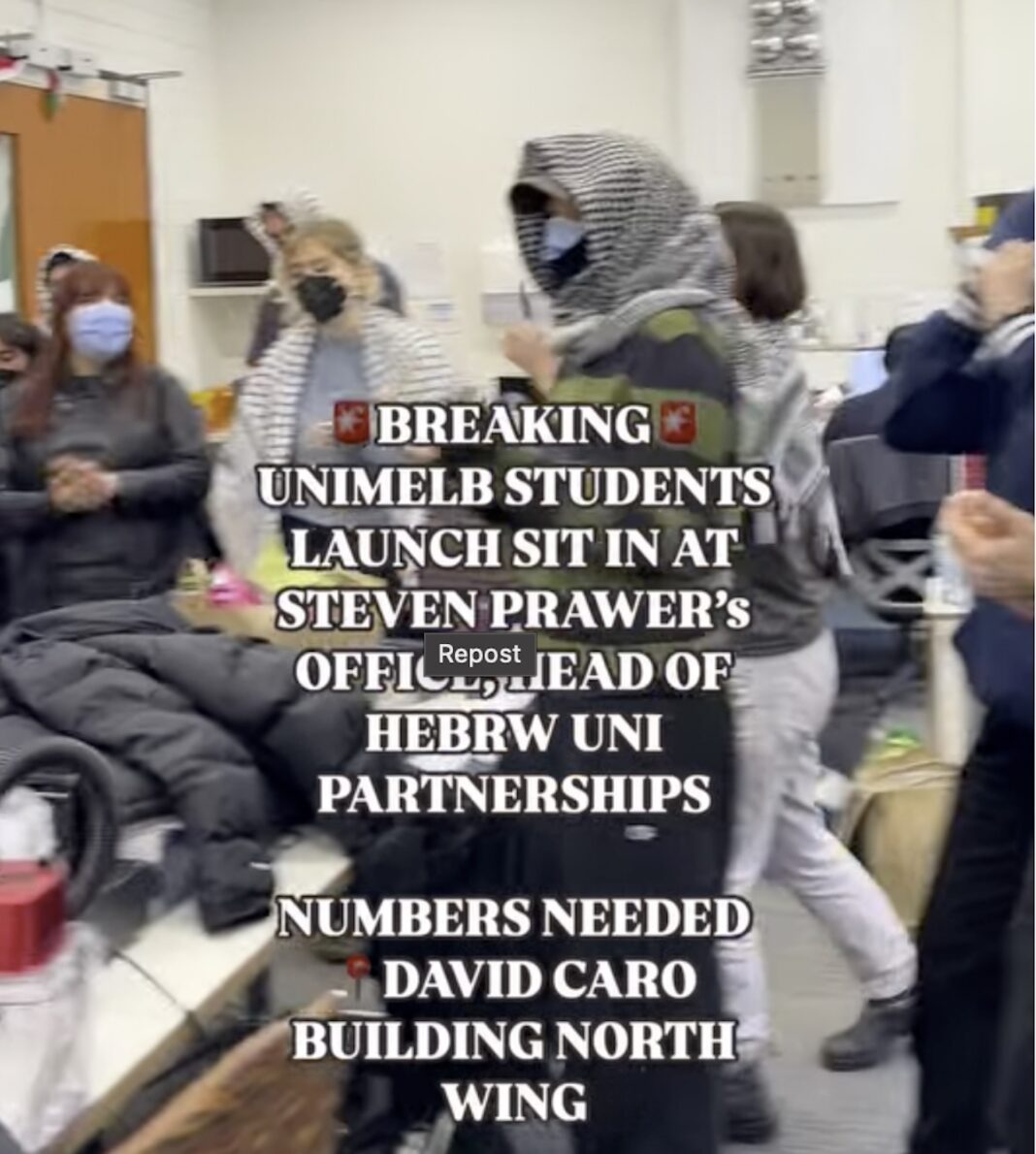 Social media post encouraging people to join the occupation of Professor Prawer's office