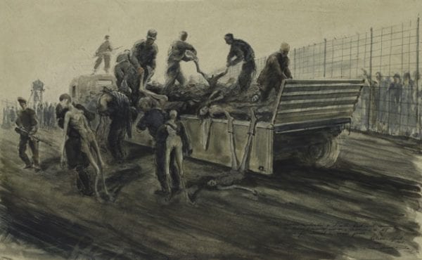 SS troops unloading the death wagon, Belsen Watercolour, pen and black ink on paper, 1945 Alan Moore