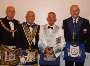 Ian Ross, Past Grand Master of NZ, Morris Tobias, Past Grand Officer, Victoria. (my husband) Tony Israel, Master of Lodge of Lautoka, (my brother) Past Grand Officer of NZ, Jim McQuitty, Past Grand Officer of NZ