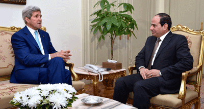 Egyptian President Abdel Fattah El-Sisi (right), pictured here with U.S. Secretary of State John Kerry in July 2014, has fostered closer military and intelligence ties with Israel but has avoided meeting publicly with Israeli officials. Credit: U.S. Department of State.